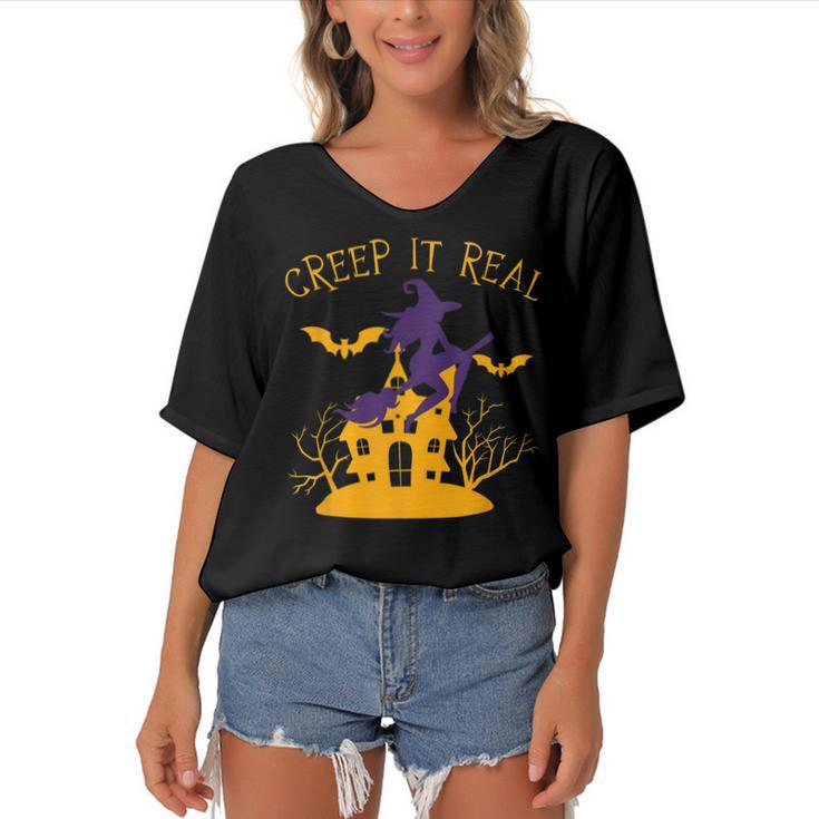 Creep It Real Witch Broom Funny Spooky Halloween  Women's Bat Sleeves V-Neck Blouse