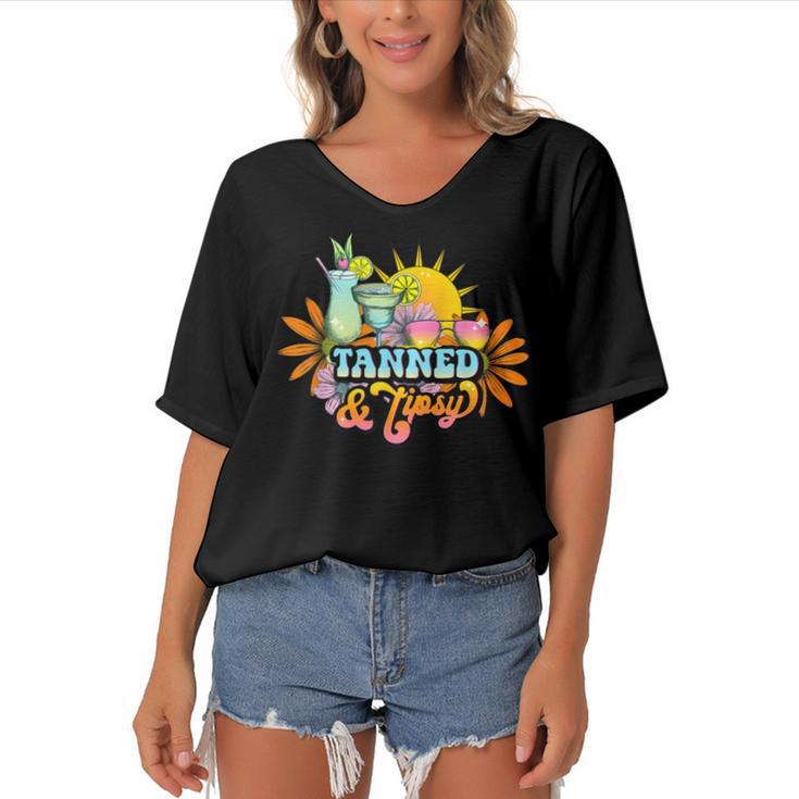 Cute Summer Tanned And Tipsy Funny Salty Beaches Girls Trip  V2 Women's Bat Sleeves V-Neck Blouse