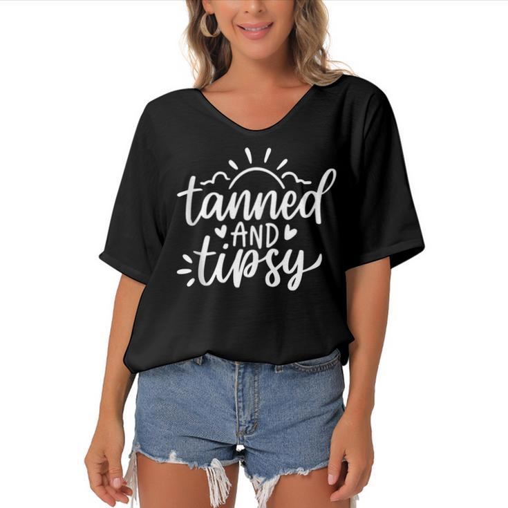 Cute Summer Tanned And Tipsy Funny Salty Beaches Girls Trip  Women's Bat Sleeves V-Neck Blouse