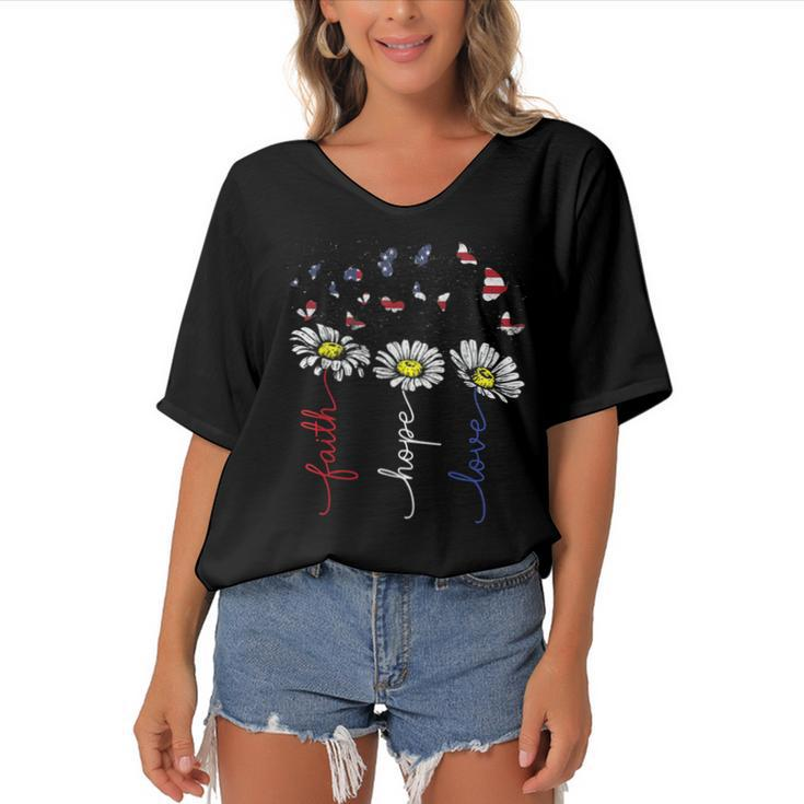 Faith Hope Love Daisy Flowers 4Th Of July Independence Day  Women's Bat Sleeves V-Neck Blouse