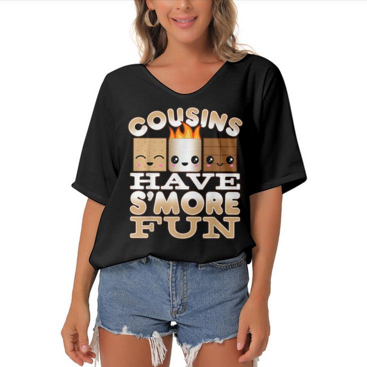 Family Camping  For Kids Cousins Have Smore Fun  Women's Bat Sleeves V-Neck Blouse