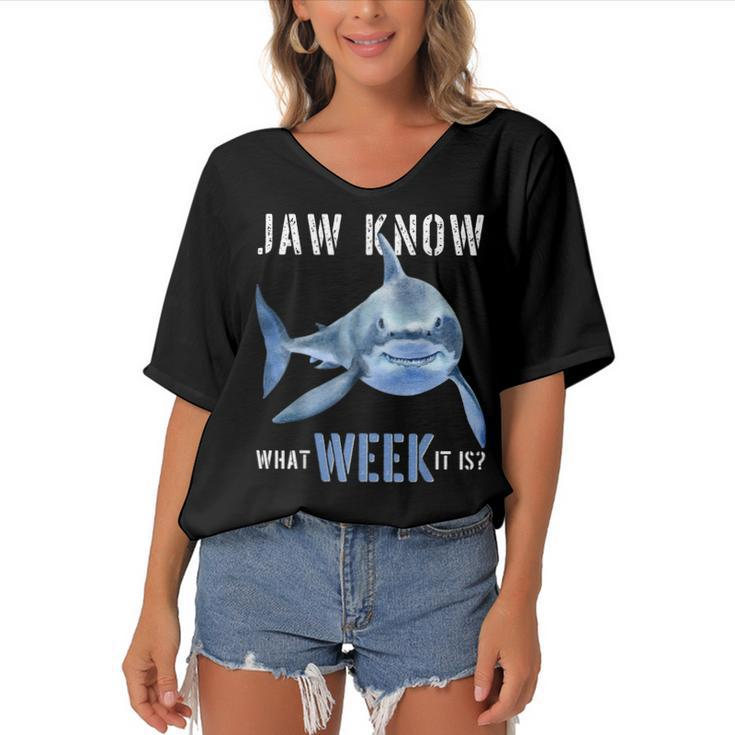 Funny Jaw Know What Week It Is Shark 2022 Funny Shark Kids  Women's Bat Sleeves V-Neck Blouse