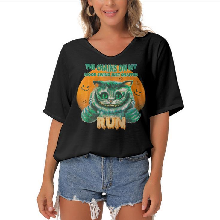 Halloween Cat The Chains On My Mood Swing Just Snapped Run  V2 Women's Bat Sleeves V-Neck Blouse