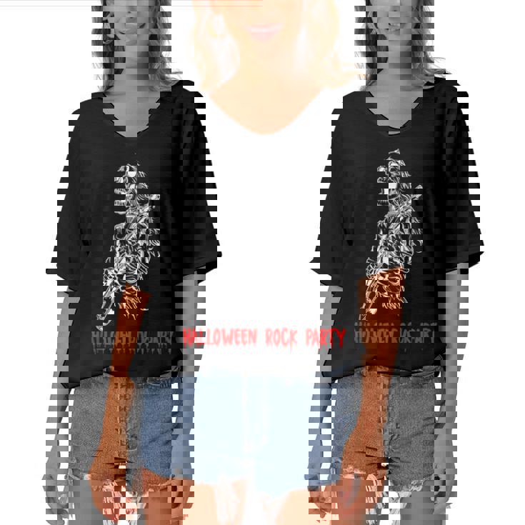 Halloween Rock Party Dancing Guitar Skeleton Playing Rock  Women's Bat Sleeves V-Neck Blouse