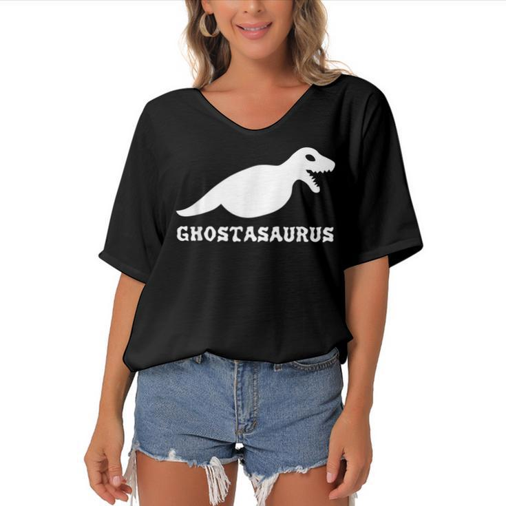 Halloween Scary Dinosaurs Ghost Spooky Boo Funny  Women's Bat Sleeves V-Neck Blouse