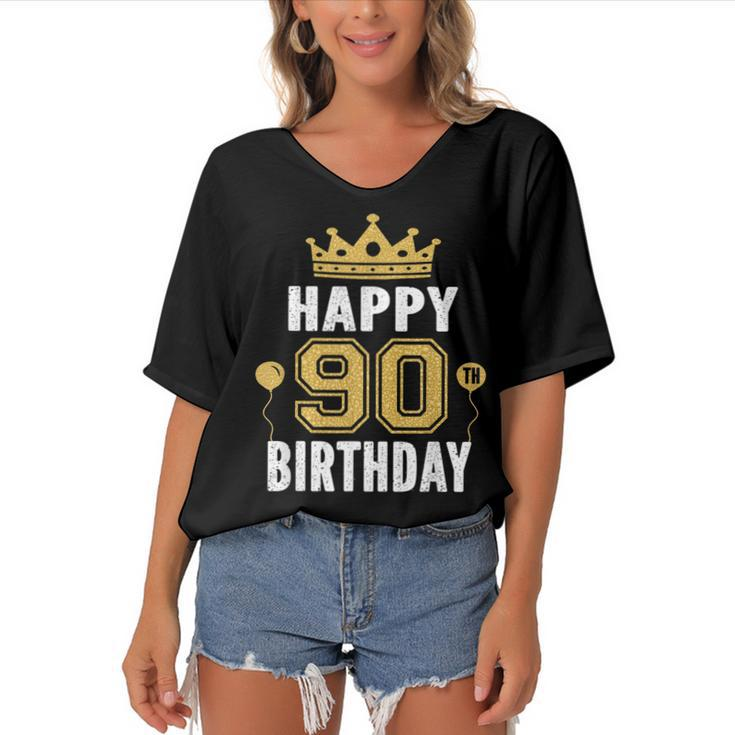 Happy 90Th Birthday Idea For 90 Years Old Man And Woman  Women's Bat Sleeves V-Neck Blouse