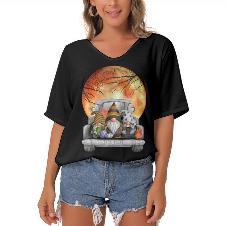 Harvest Fall Halloween Moon Gnomes Truck Bed Goth Cute Spook  Women's Bat Sleeves V-Neck Blouse