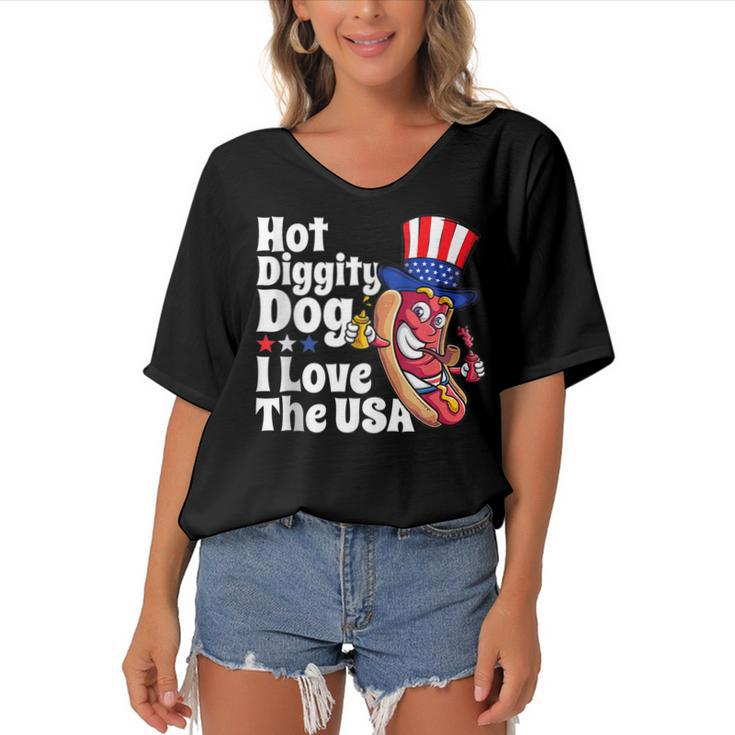 Hot Diggity Dog I Love The Usa Funny 4Th Of July Party  Women's Bat Sleeves V-Neck Blouse