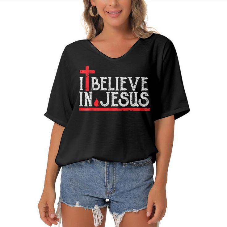 I Believe In Jesus - Christian Faith Cross Blood  Women's Bat Sleeves V-Neck Blouse