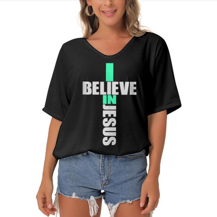 I Believe In Jesus - Cross Christianity Christian Faith Gift  Women's Bat Sleeves V-Neck Blouse