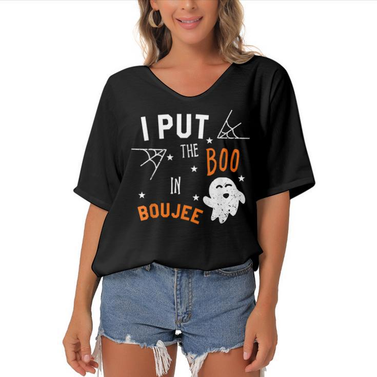 I Put Boo In Boujee Halloween Boo Ghost  Women's Bat Sleeves V-Neck Blouse