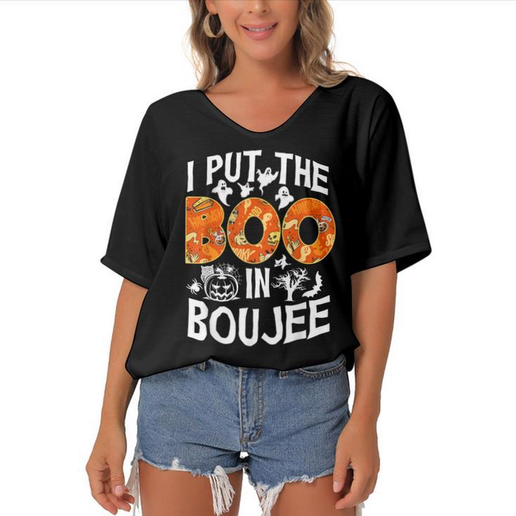 I Put The Boo In Boujee  Happy Halloween Women's Bat Sleeves V-Neck Blouse