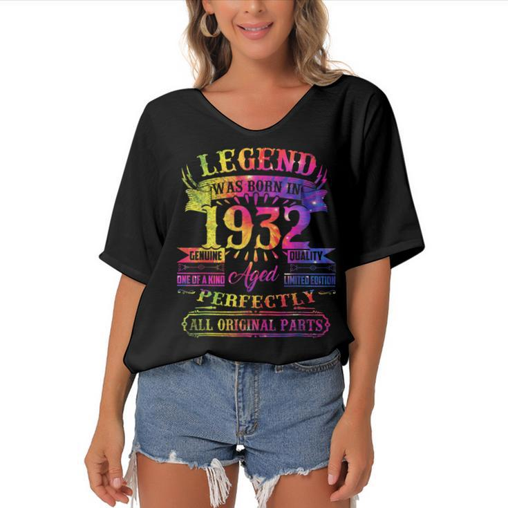 Legend Was Born In 1932 90 Year Old 90Th Birthday Tie Dye  Women's Bat Sleeves V-Neck Blouse