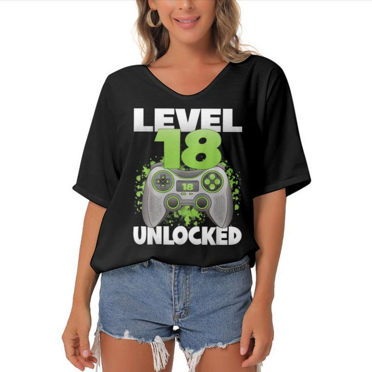 Level 18 Unlocked Video Gaming 18Th Birthday 2004 Gamer Game  Women's Bat Sleeves V-Neck Blouse