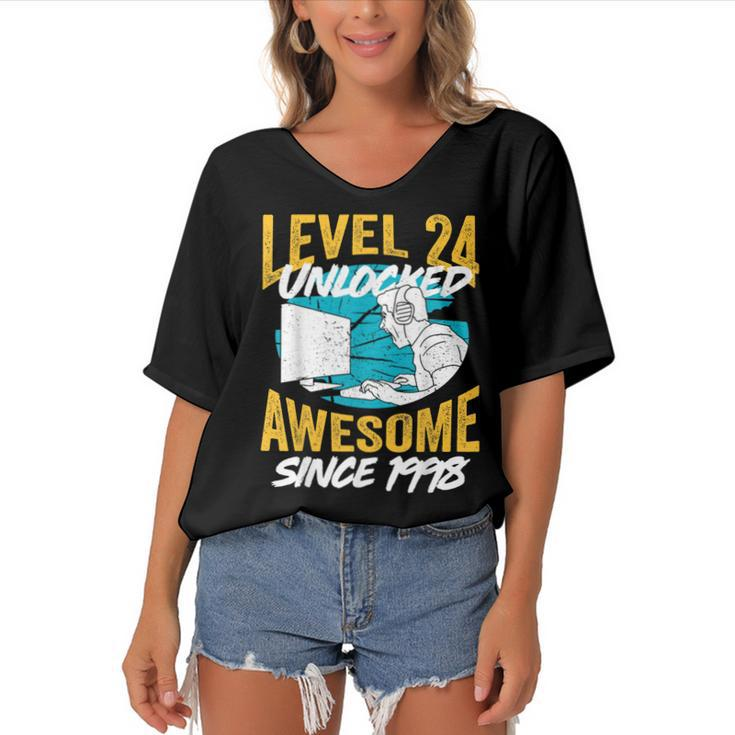 Level 24 Unlocked Awesome 1998 24Th Birthday Man Video Game  Women's Bat Sleeves V-Neck Blouse