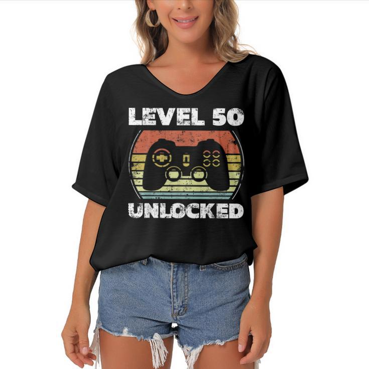 Level 50 Unlocked Funny Video Gamer 50Th Birthday  Women's Bat Sleeves V-Neck Blouse