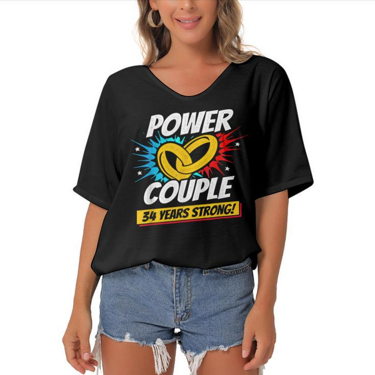Married 34 Years Power Couple 34Th Wedding Anniversary Women's Bat Sleeves V-Neck Blouse