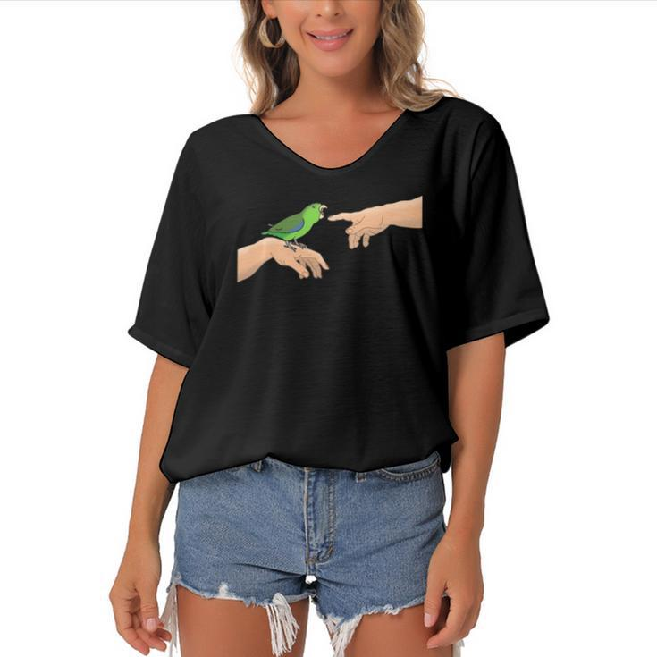 Michelangelo Angry Green Parrotlet Birb Memes Parrot Owner Women's Bat Sleeves V-Neck Blouse