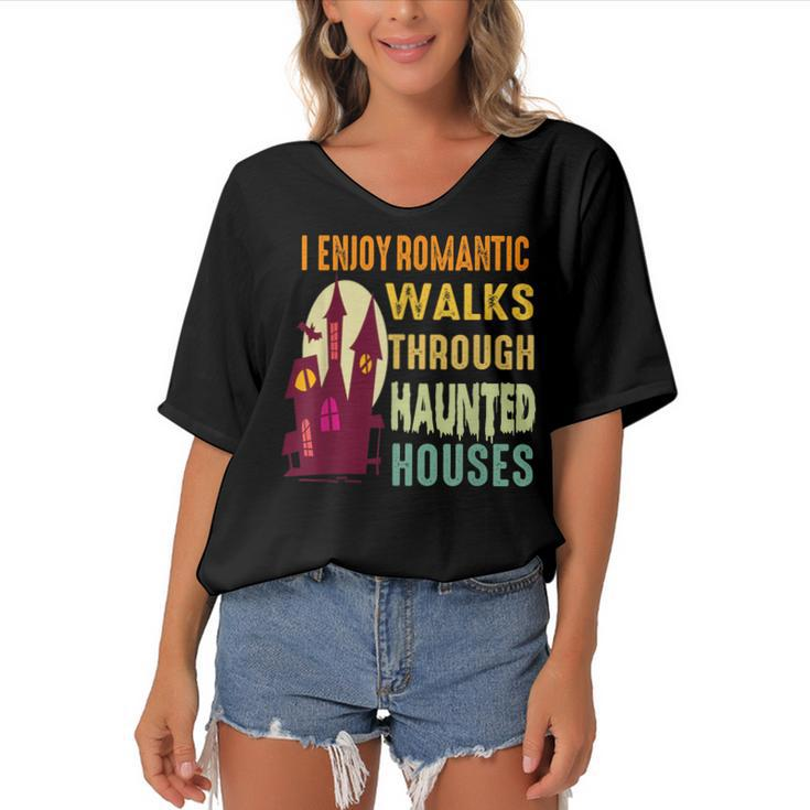 Paranormal I Enjoy Romantic Walks Haunted Houses Halloween  V2 Women's Bat Sleeves V-Neck Blouse