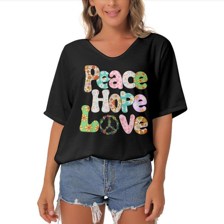 Peace Sign Love 60S 70S Tie Dye Hippie Halloween Costume  V3 Women's Bat Sleeves V-Neck Blouse