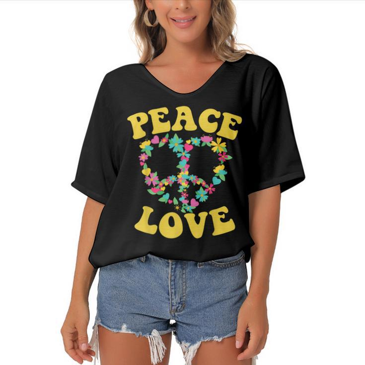 Peace Sign Love 60S 70S Tie Dye Hippie Halloween Costume  V7 Women's Bat Sleeves V-Neck Blouse