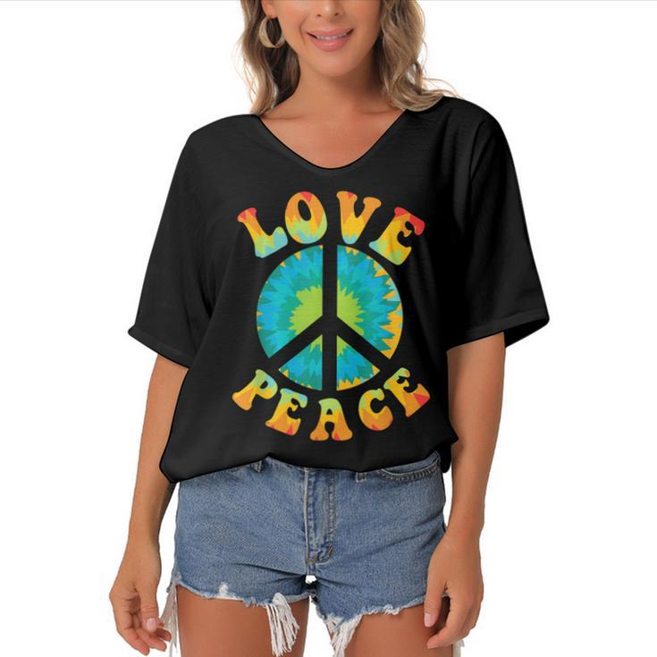 Peace Sign Love 60S 70S Tie Dye Hippie Halloween Costume  V9 Women's Bat Sleeves V-Neck Blouse