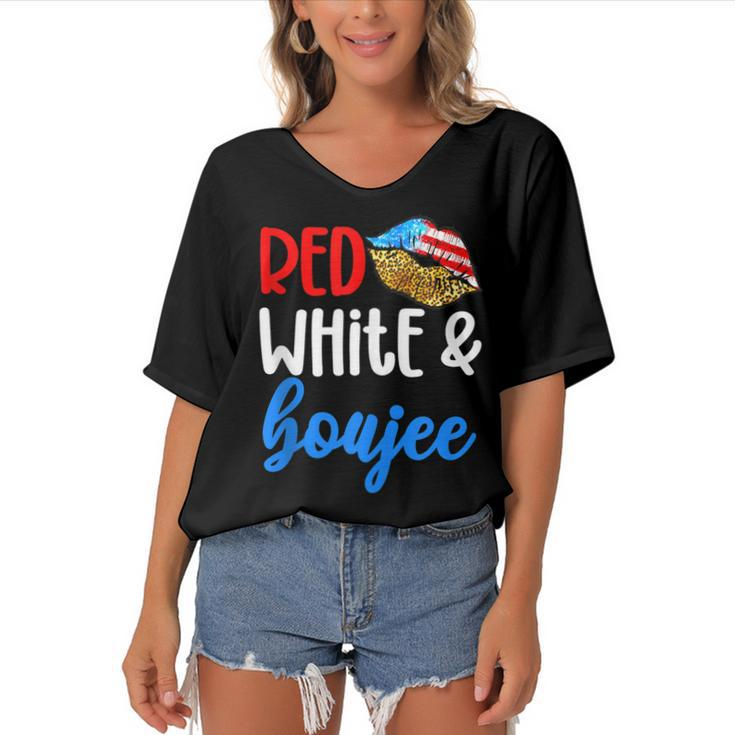Red White And Boujee Funny 4Th Of July American Flag Lips  Women's Bat Sleeves V-Neck Blouse