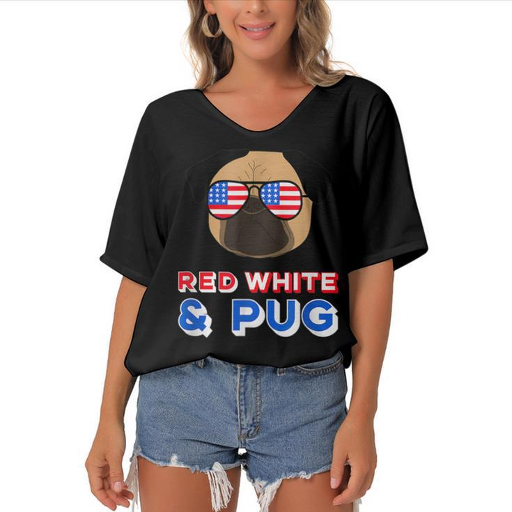 Red White And Pug  Funny Usa Dog 4Th July   Women's Bat Sleeves V-Neck Blouse