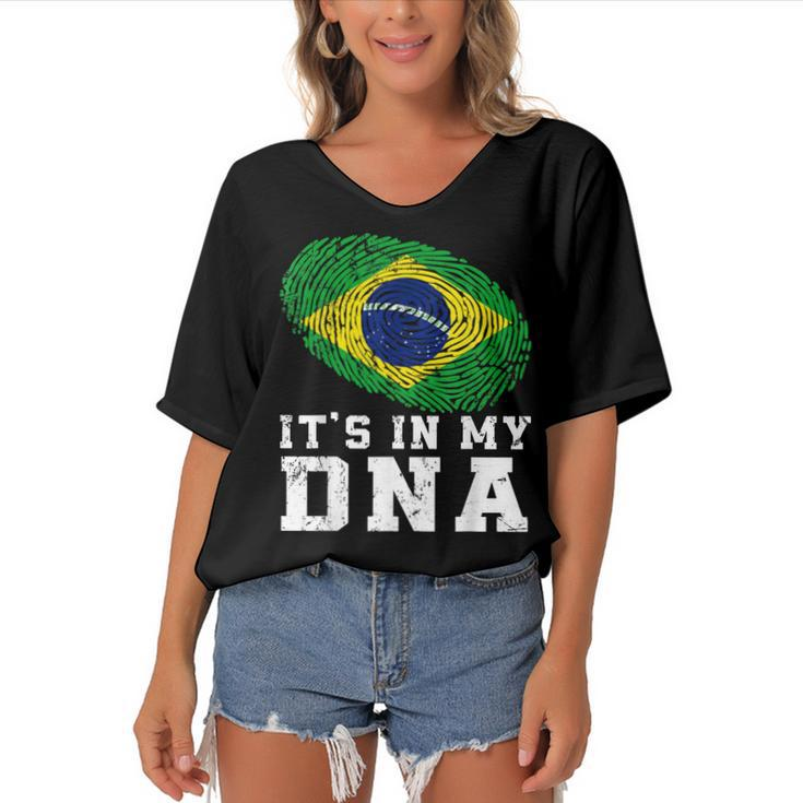 Retro Its In My Dna Brazil Flag Patriotic  Women's Bat Sleeves V-Neck Blouse