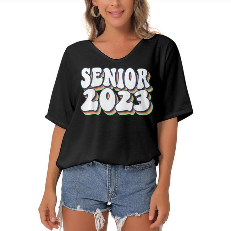 Retro Senior 2023 Back To School Class Of 2023 Graduation  Women's Bat Sleeves V-Neck Blouse