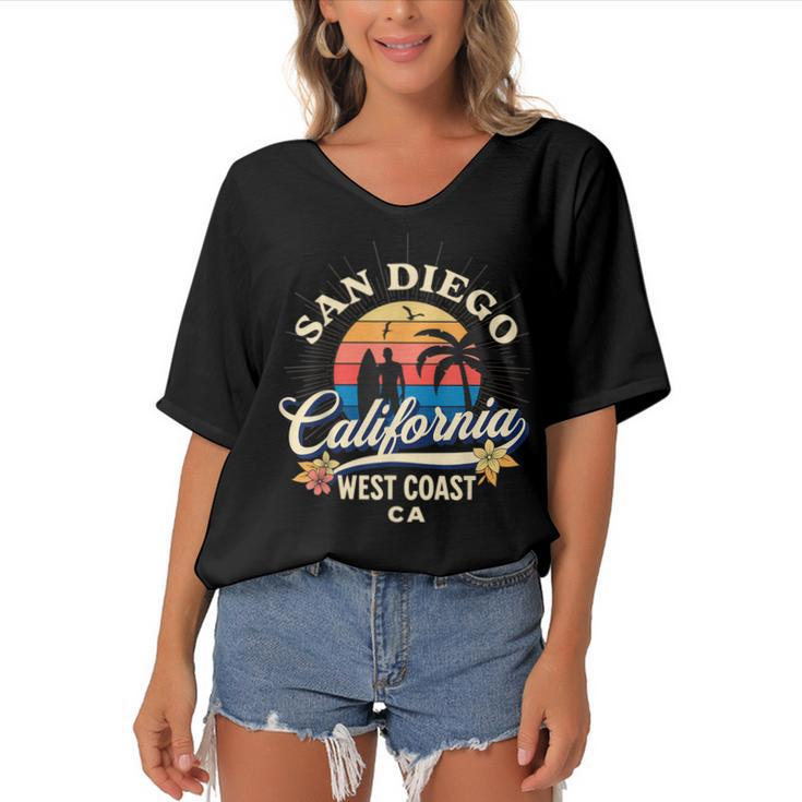 San Diego California Beach Surf Summer Vacation Vintage  V3 Women's Bat Sleeves V-Neck Blouse