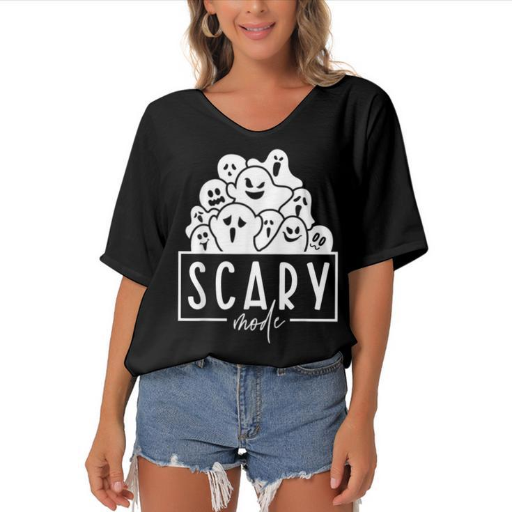 Scary Mode Boo Crew Ghost Spooky Vibes Funny Halloween  Women's Bat Sleeves V-Neck Blouse