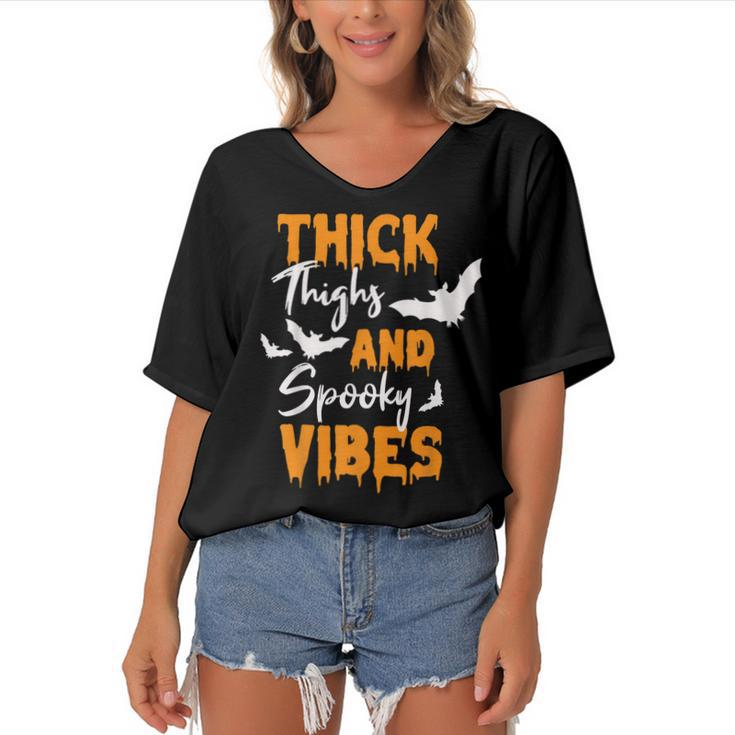 Thick Thighs And Spooky Vibes Spooky Vibes Halloween  Women's Bat Sleeves V-Neck Blouse