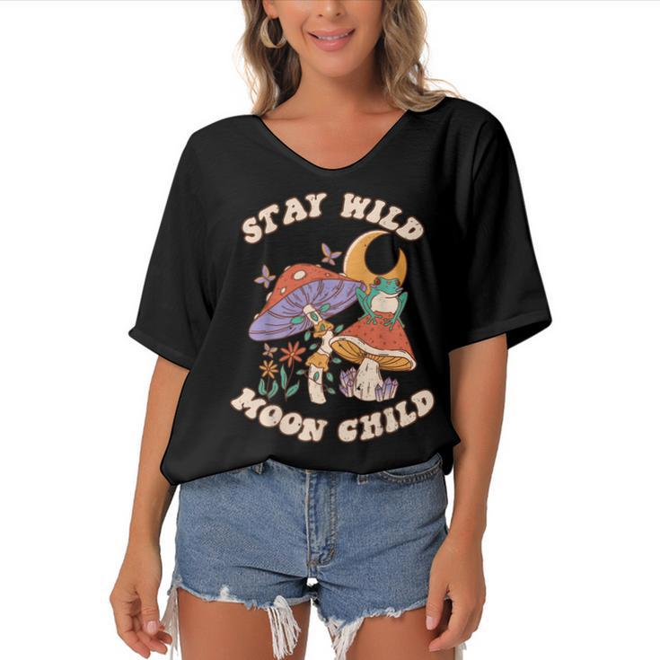 Vintage Retro Stay Wild Moon Child Frog Mushroom Hippie  Women's Bat Sleeves V-Neck Blouse