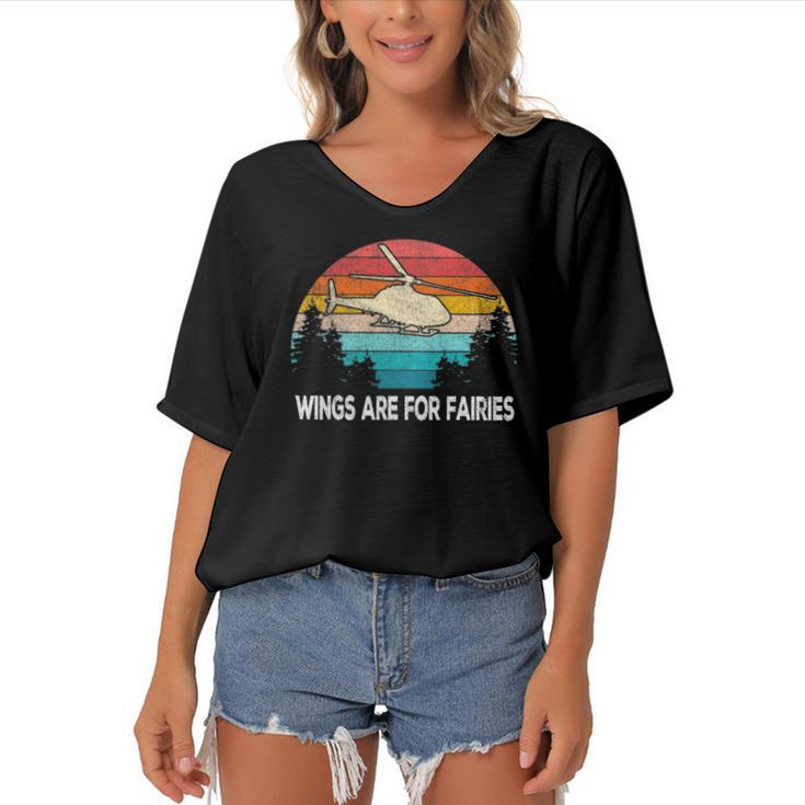 Wings Are For Fairies Funny Helicopter Pilot Retro Vintage Women's Bat Sleeves V-Neck Blouse