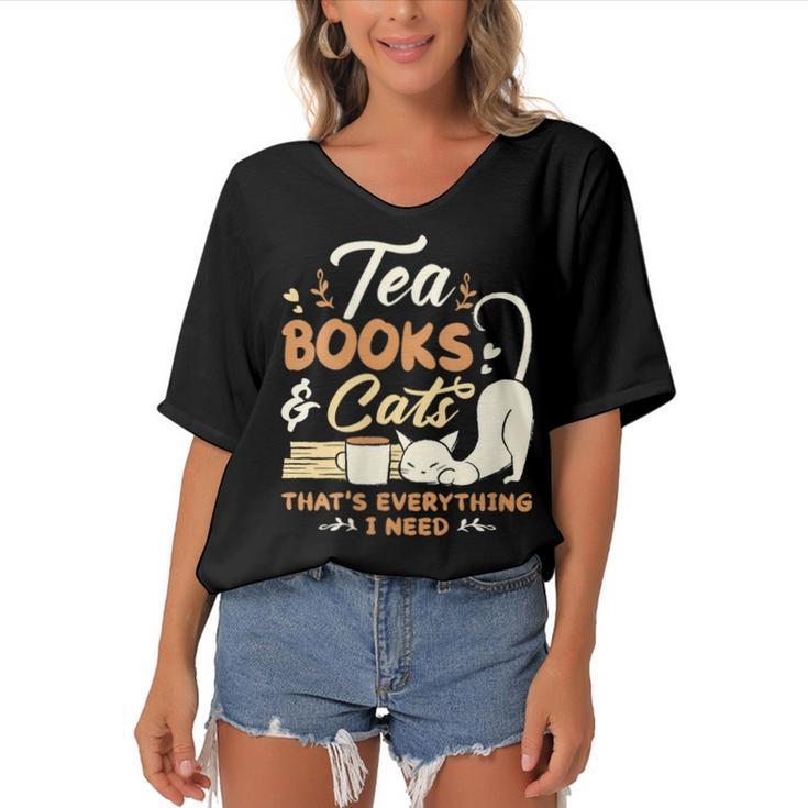 Womens Tea Books And Cats Cat Book Lovers Reading Book  Women's Bat Sleeves V-Neck Blouse
