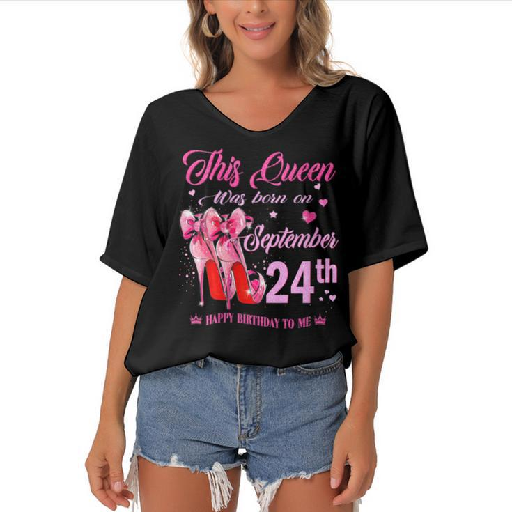 Womens This Queen Was Born On September 24Th High Heel Birthday  Women's Bat Sleeves V-Neck Blouse