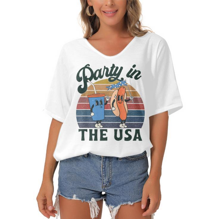 4Th Of July For Hot Dog Lover Party In The Usa Vintage  Women's Bat Sleeves V-Neck Blouse