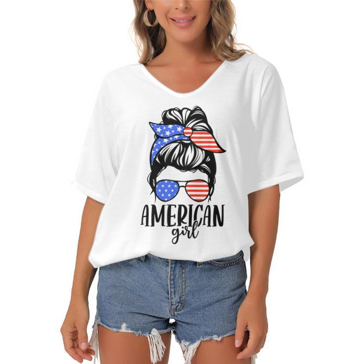 American Girl Messy Hair Bun Usa Flag Patriotic 4Th Of July  Women's Bat Sleeves V-Neck Blouse