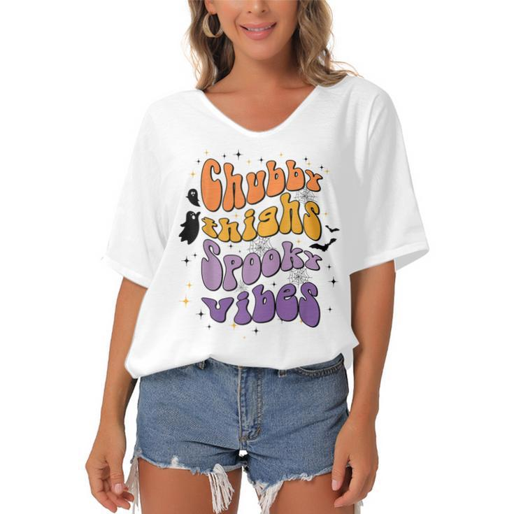 Chubby Thighs And Spooky Vibes Happy Halloween  Women's Bat Sleeves V-Neck Blouse