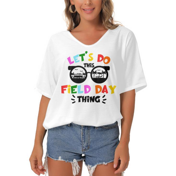 Field Day Thing Summer Kids Field Day 22 Teachers Colorful  Women's Bat Sleeves V-Neck Blouse