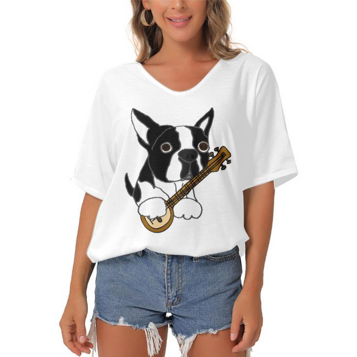 Funny Boston Terrier Dog Playing Banjo Women's Bat Sleeves V-Neck Blouse