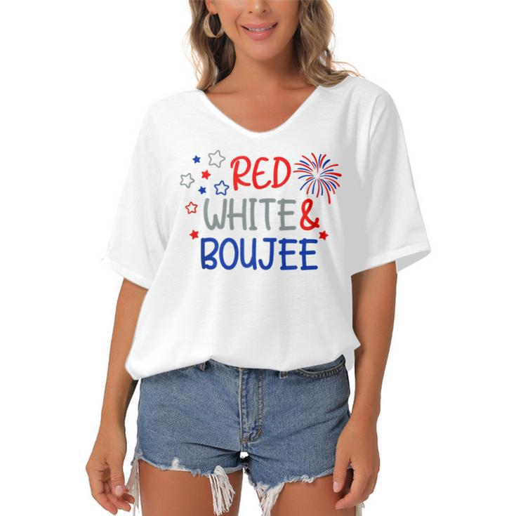 Funny Fourth Of July 4Th Of July Red White And Boujee  Women's Bat Sleeves V-Neck Blouse