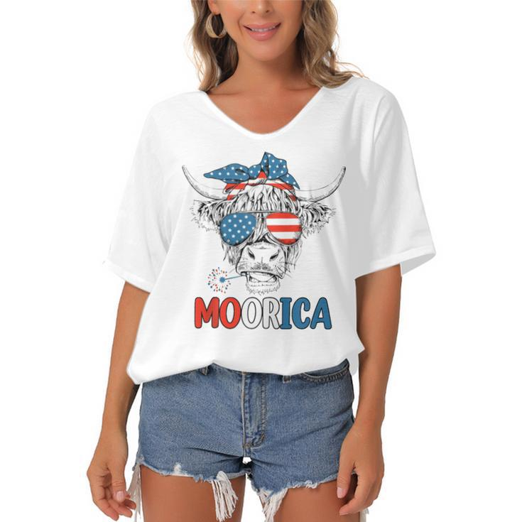 Funny Moorica 4Th Of July American Flag Highland Cow  Women's Bat Sleeves V-Neck Blouse