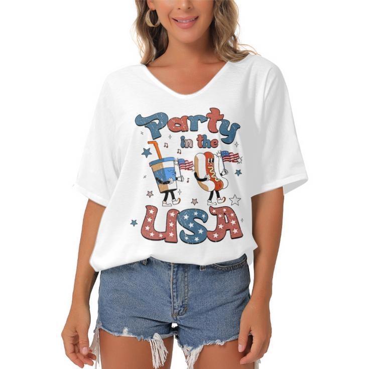 Funny Party In The Usa 4Th Of July Hot Dog Patriotic Kid  V2 Women's Bat Sleeves V-Neck Blouse