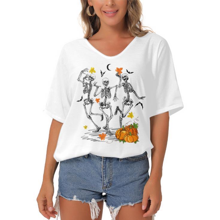 Funny Skeletons Dancing Halloween Dancing  Women's Bat Sleeves V-Neck Blouse