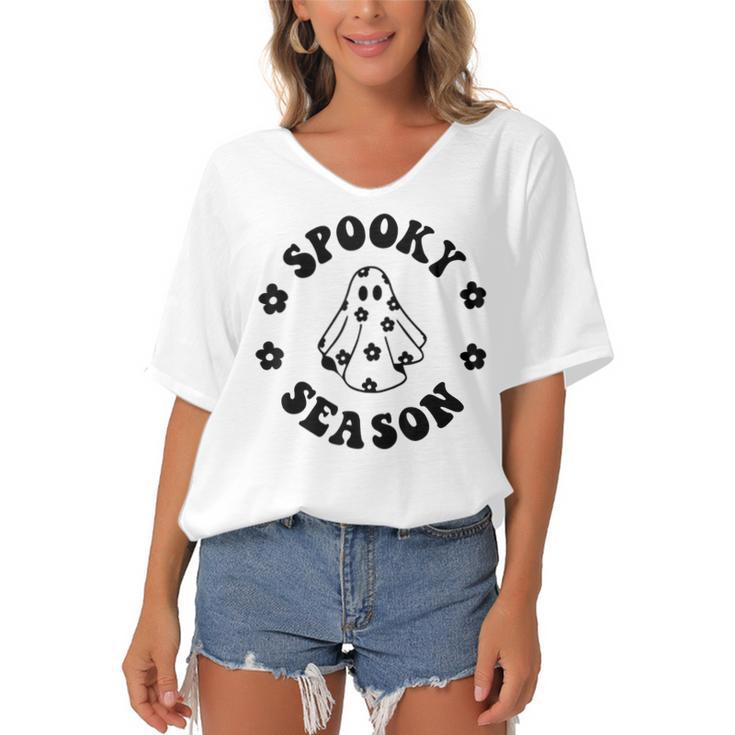 Halloween Ghost Vintage Groovy Trick Or Treat Spooky Vibes  Women's Bat Sleeves V-Neck Blouse