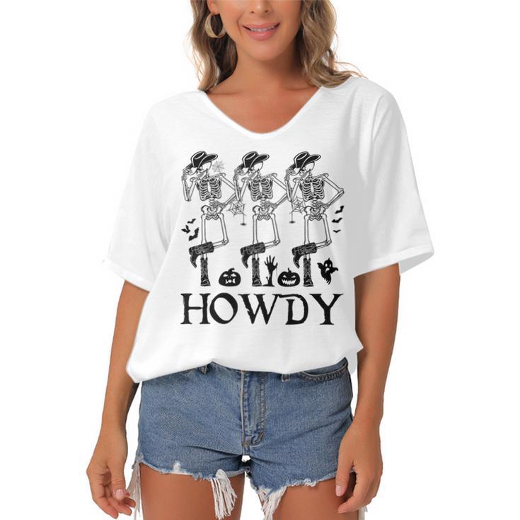 Howdy Cowboy Dancing Skeleton Cowboy Halloween  Women's Bat Sleeves V-Neck Blouse