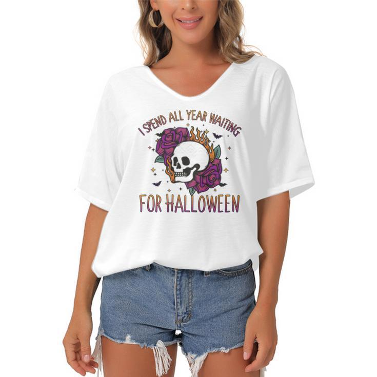 I Spend All Year Waiting For Halloween Gift Party Women's Bat Sleeves V-Neck Blouse