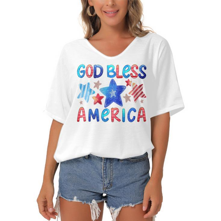 Kids Cute American Flag Girls 4Th Of July God Bless America Kids  Women's Bat Sleeves V-Neck Blouse